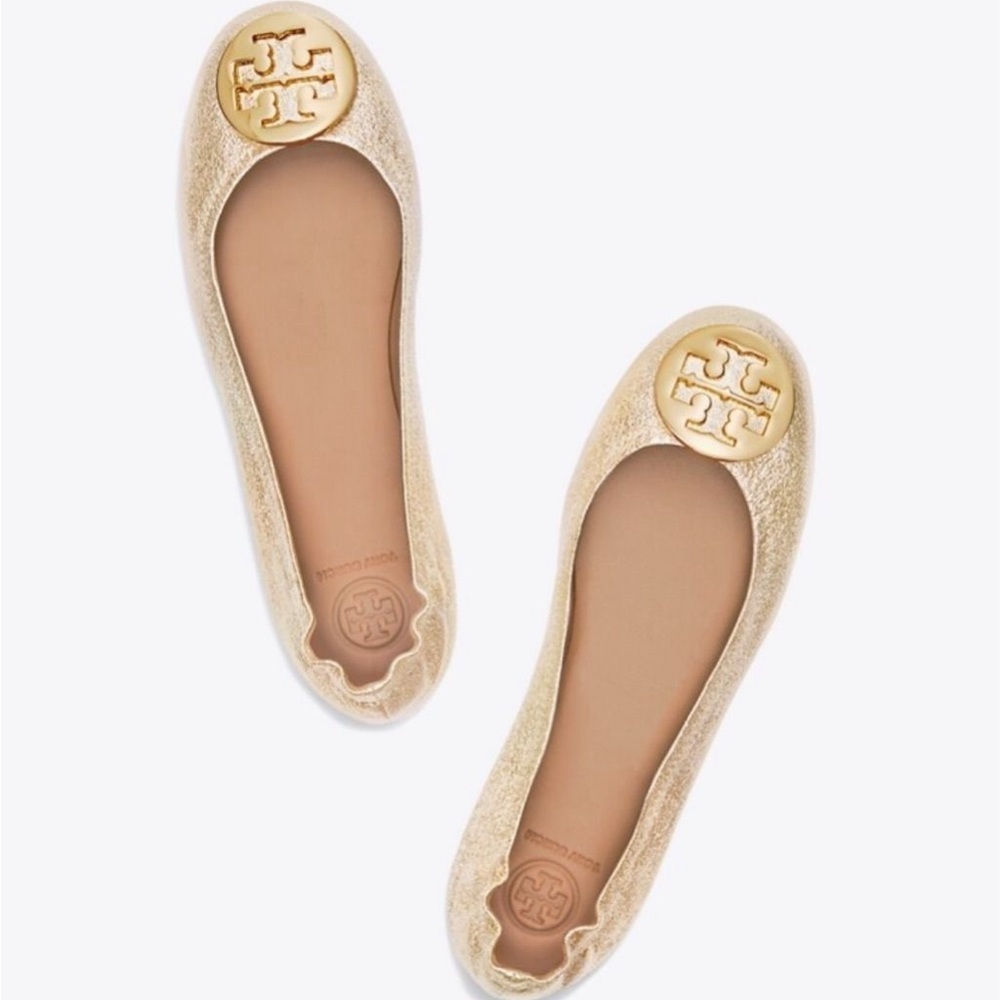 NWT- Tory Burch Claire Ballet Flat Metallic Tumbled Leather in Spark Gold Size 6